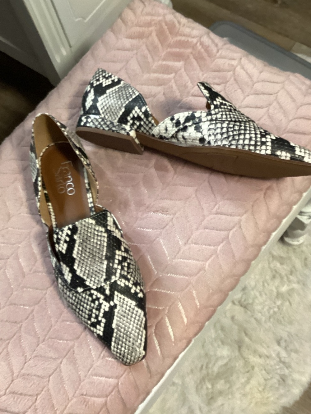 Franco Sarto Black & White Snake-Print Pointed Loafers
